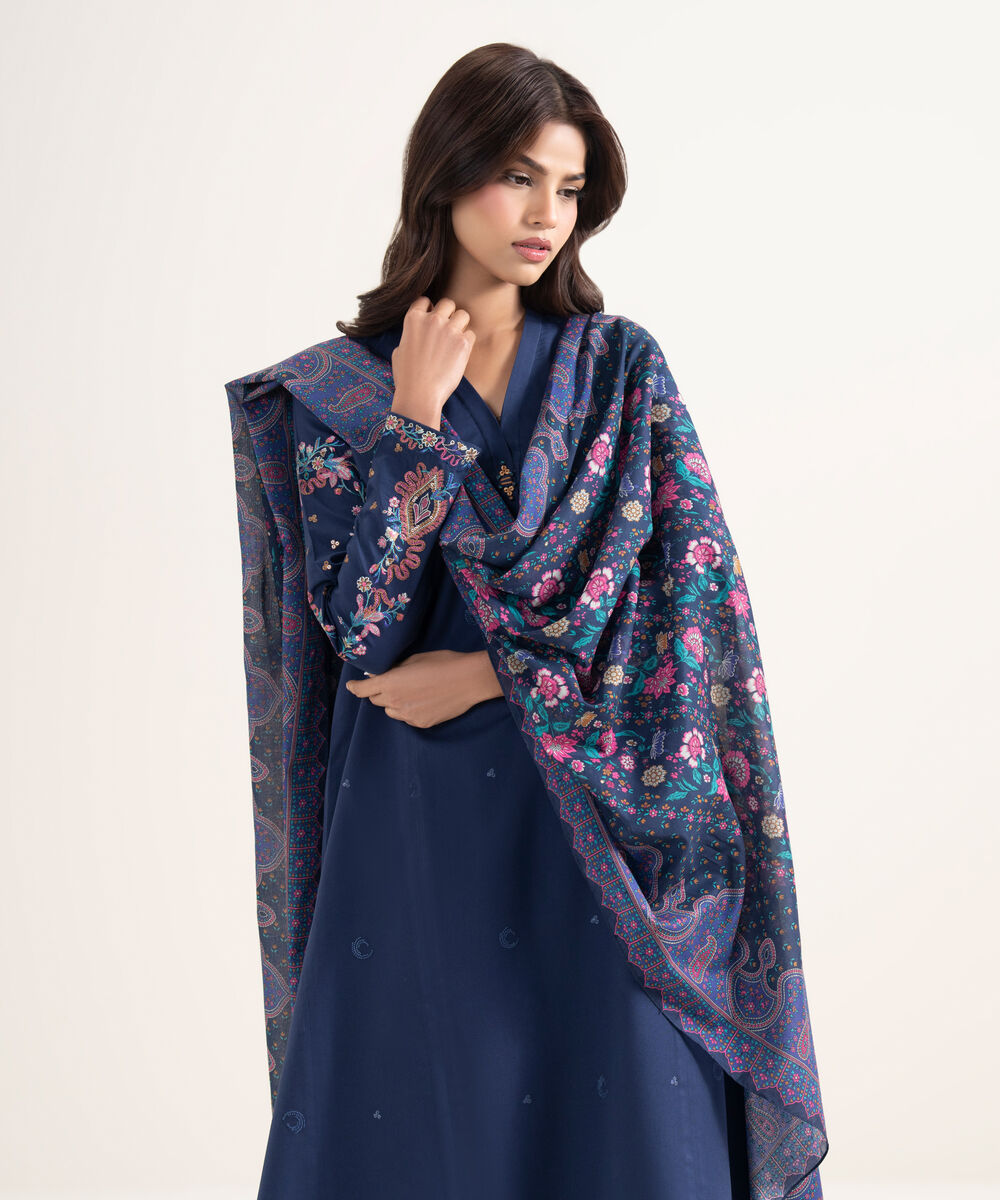 Women's Unstitched Textured Lawn Blue Embroidered 3 Piece Suit