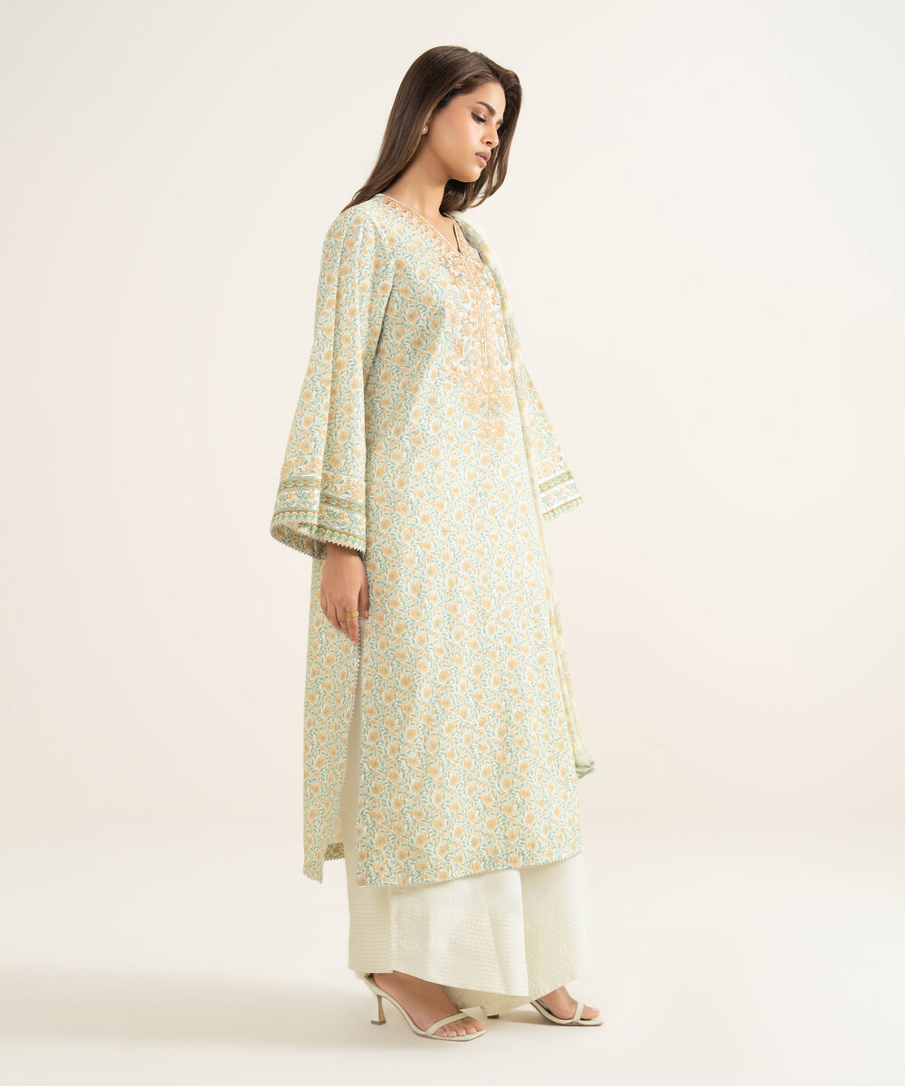 Women's Unstitched Lawn Embroidered Off White 3 Piece Suit