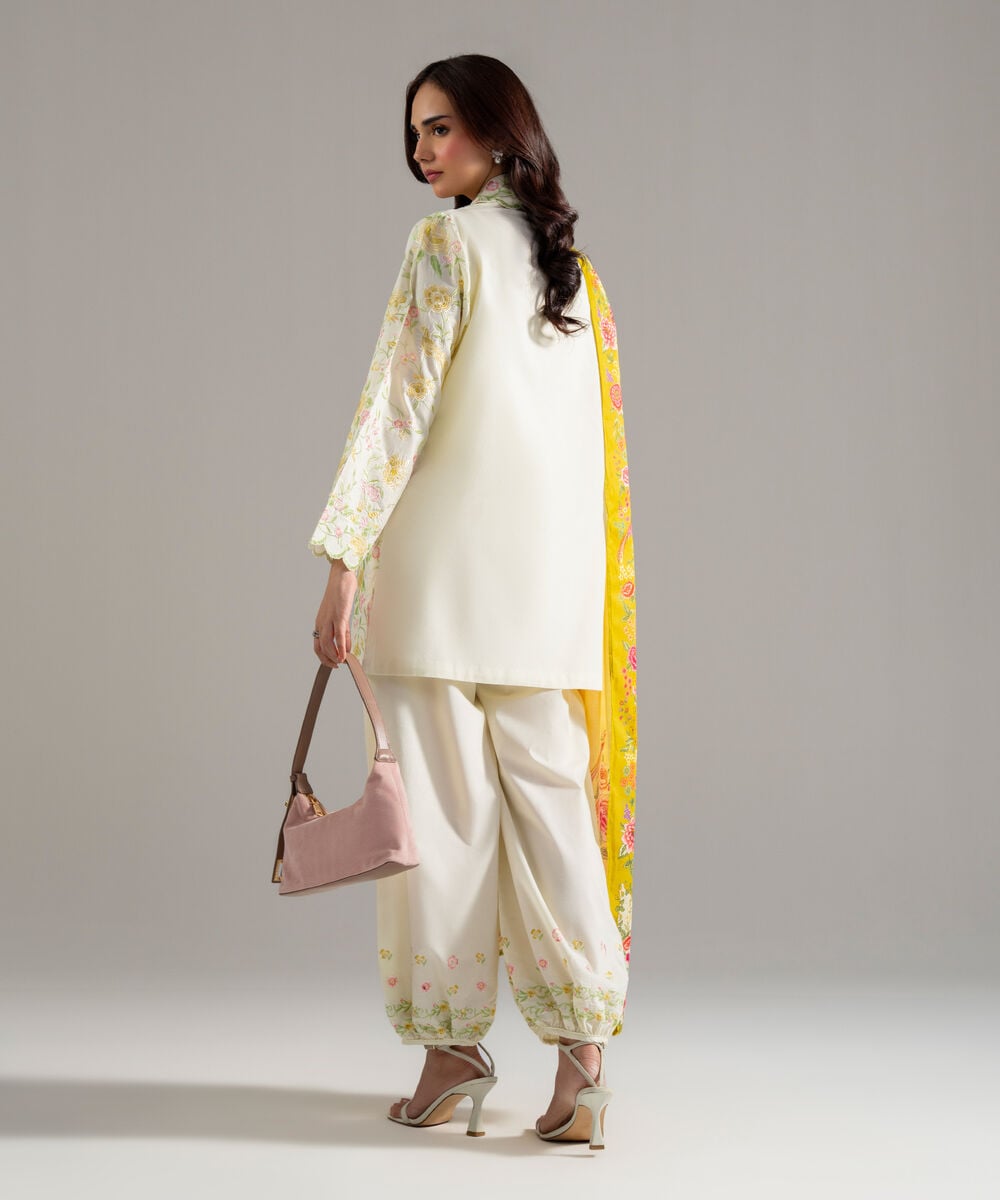 Women's RTW Cambric Solid Embroidered Off White 3 Piece Suit