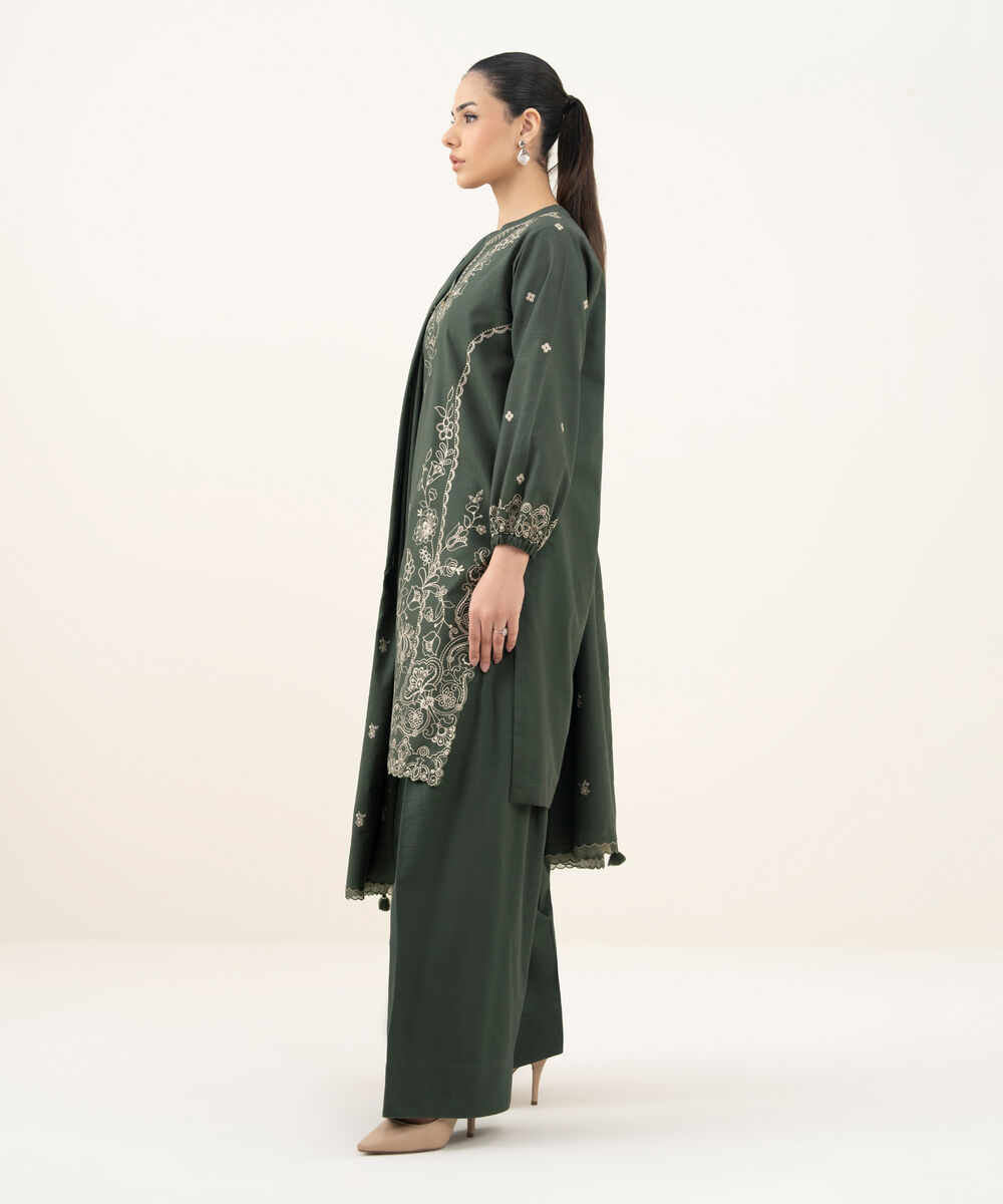 Women's Unstitched Embroidered Khaddar Green 3 Piece Suit