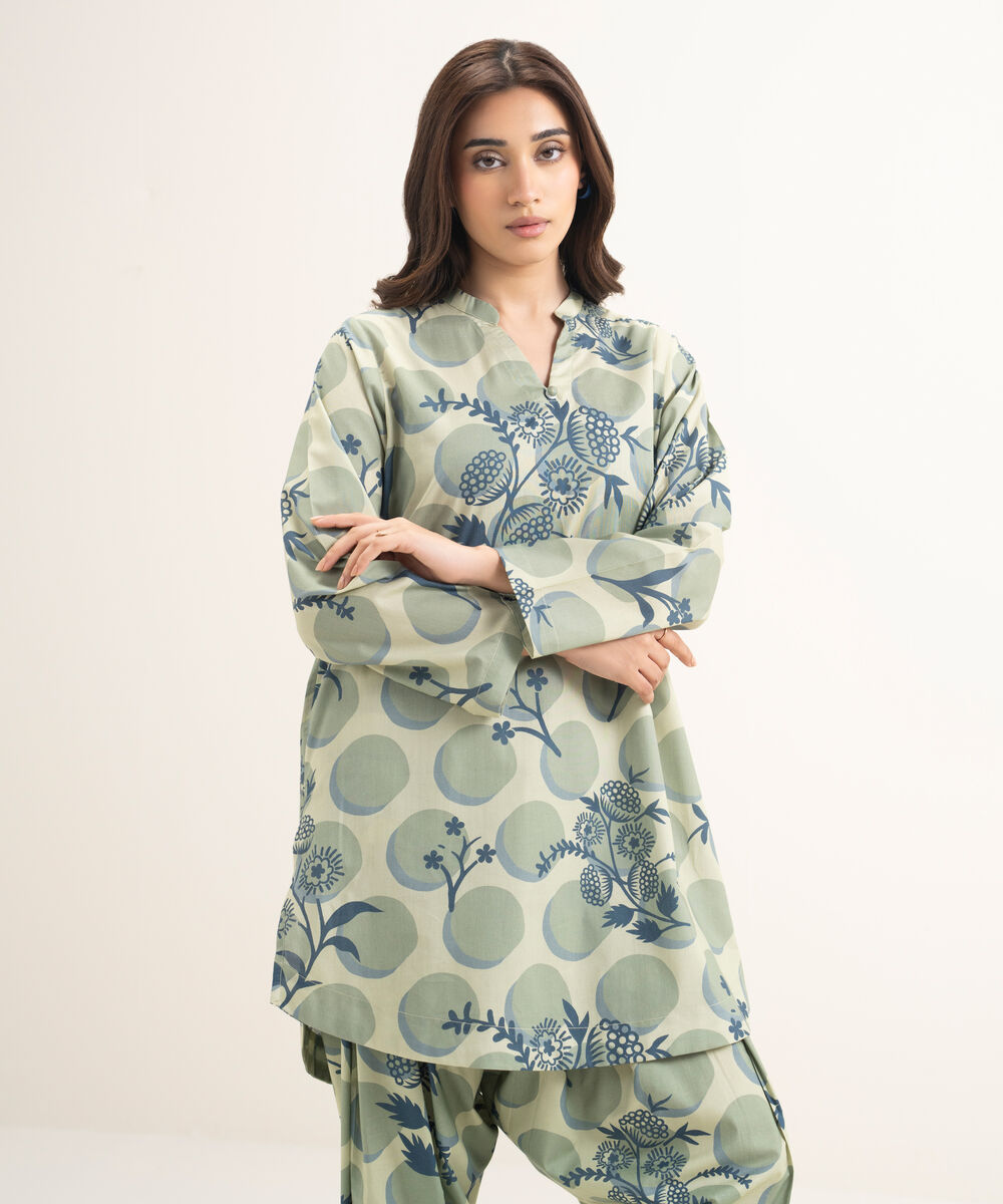 Women's RTW Cambric Printed Green Straight Shirt