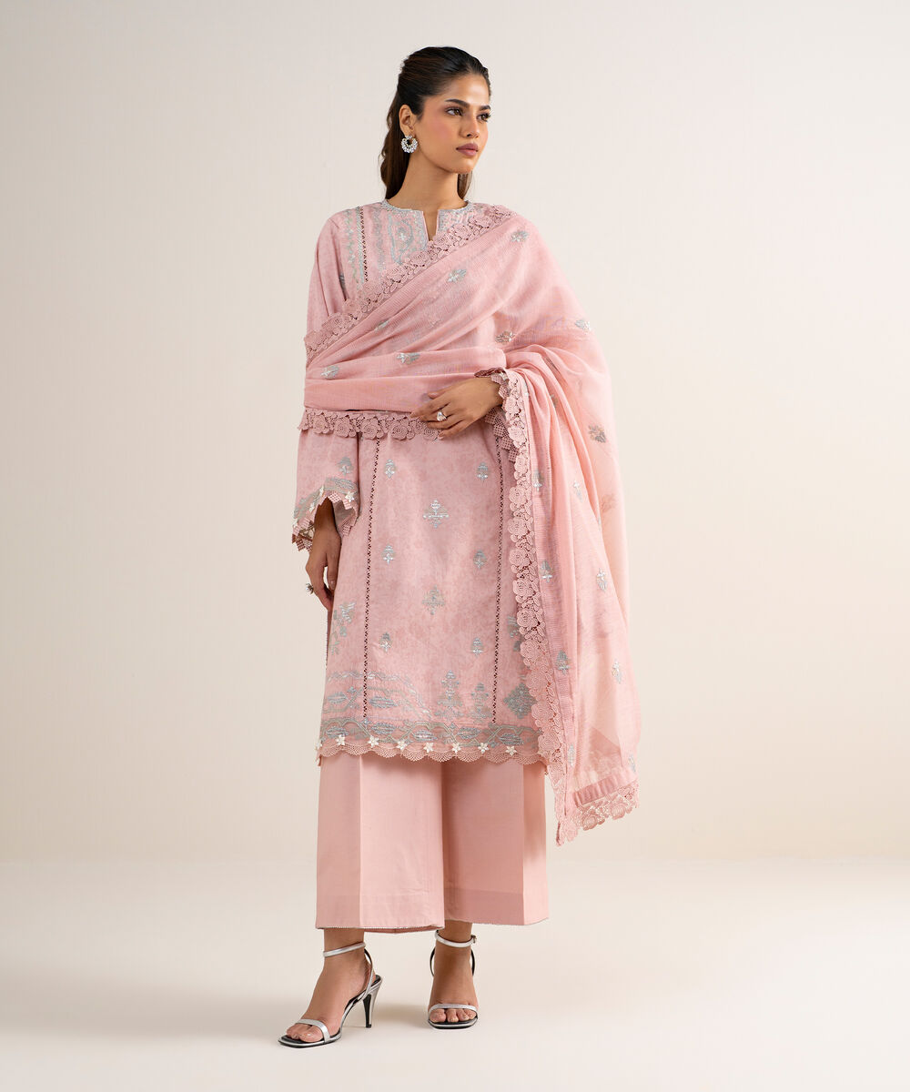 Women's Unstitched Cotton Jacquard Embroidered Pink