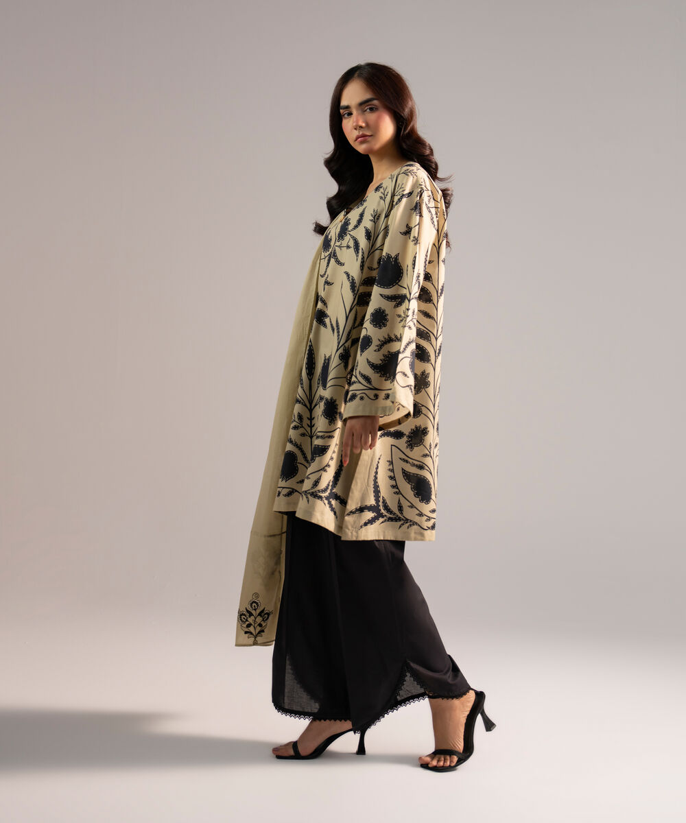 Women's RTW Lawn Printed Beige 3 Piece Suit