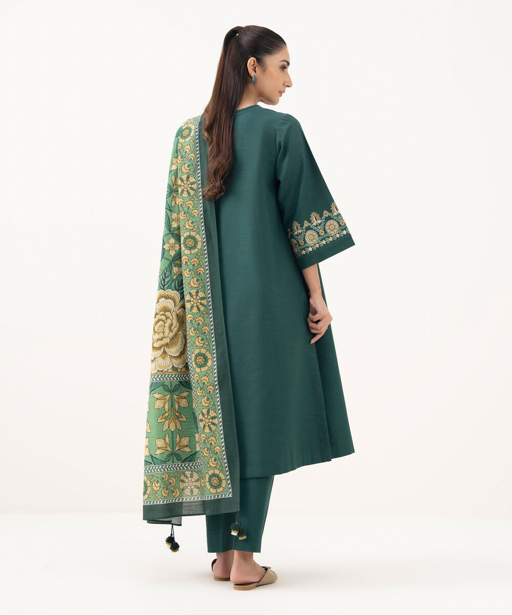 Women's Unstitched Cotton Embroidered Green 3 Piece Suit