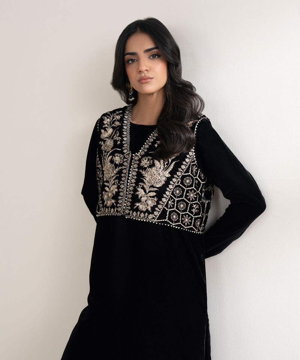 Women's RTW Velvet Embroidered Black Straight 2 Piece Suit