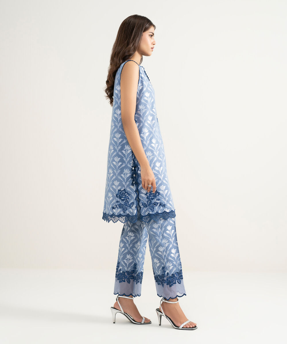 Women's RTW Extra Weft Jacquard Embroidered Blue 2 Piece Suit