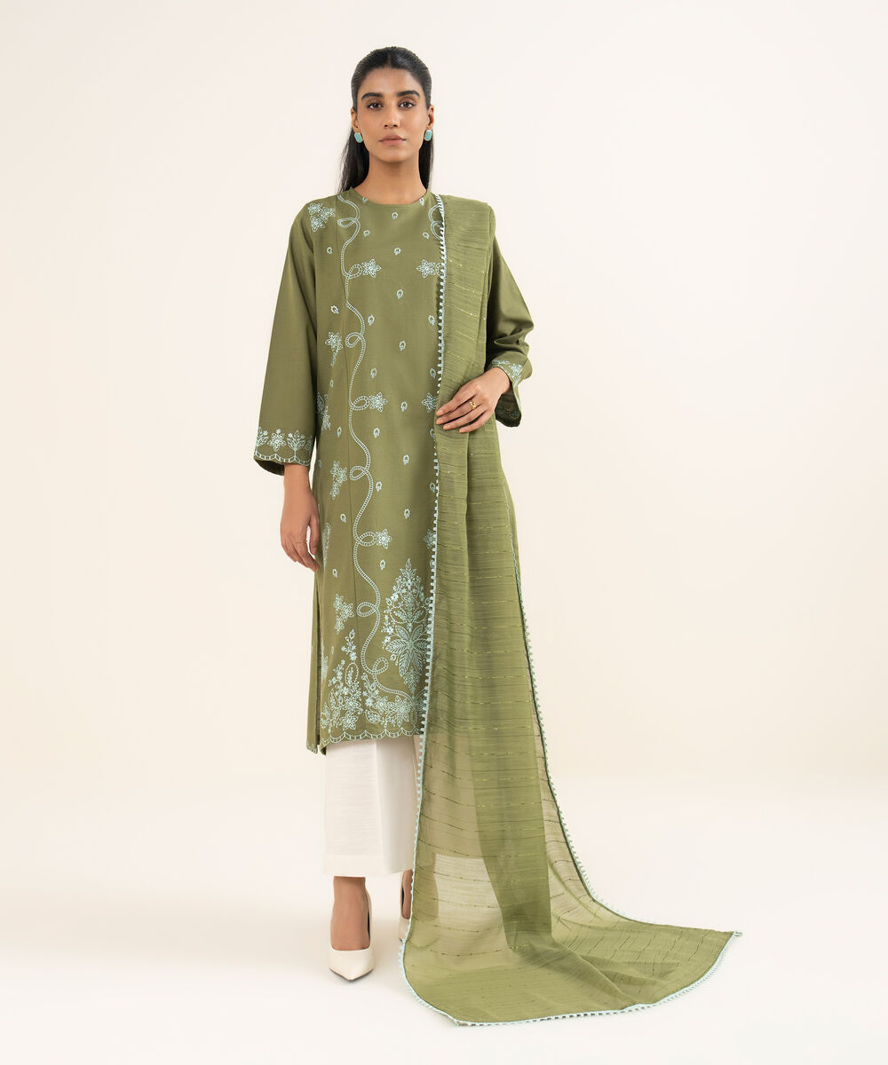 Women's RTW Cotton Embroidered Green A-Line Shirt