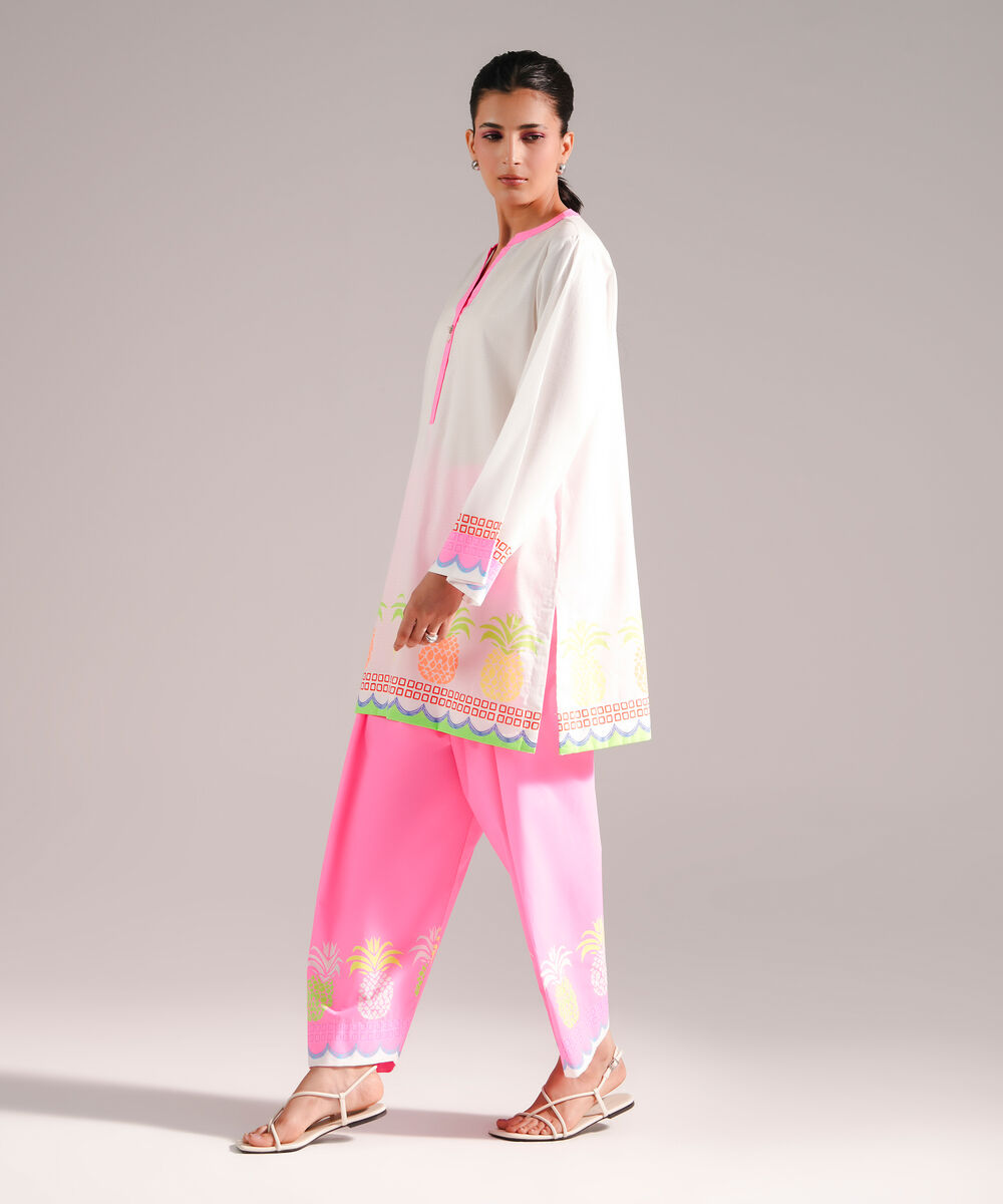 Women's RTW Dobby Printed White 2 Piece Suit