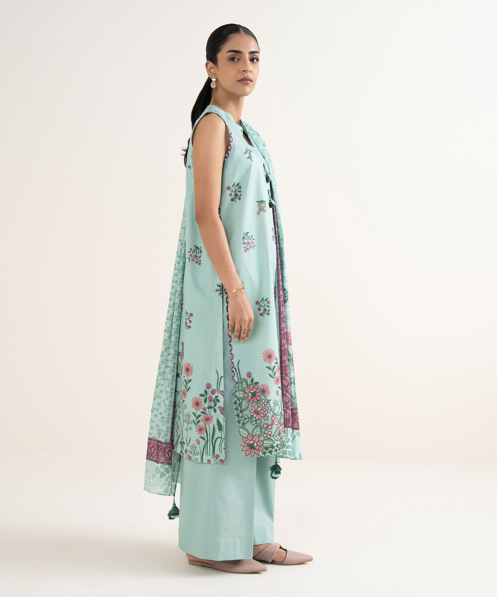 Women's Unstitched Lawn Printed Blue 3 Piece Suit