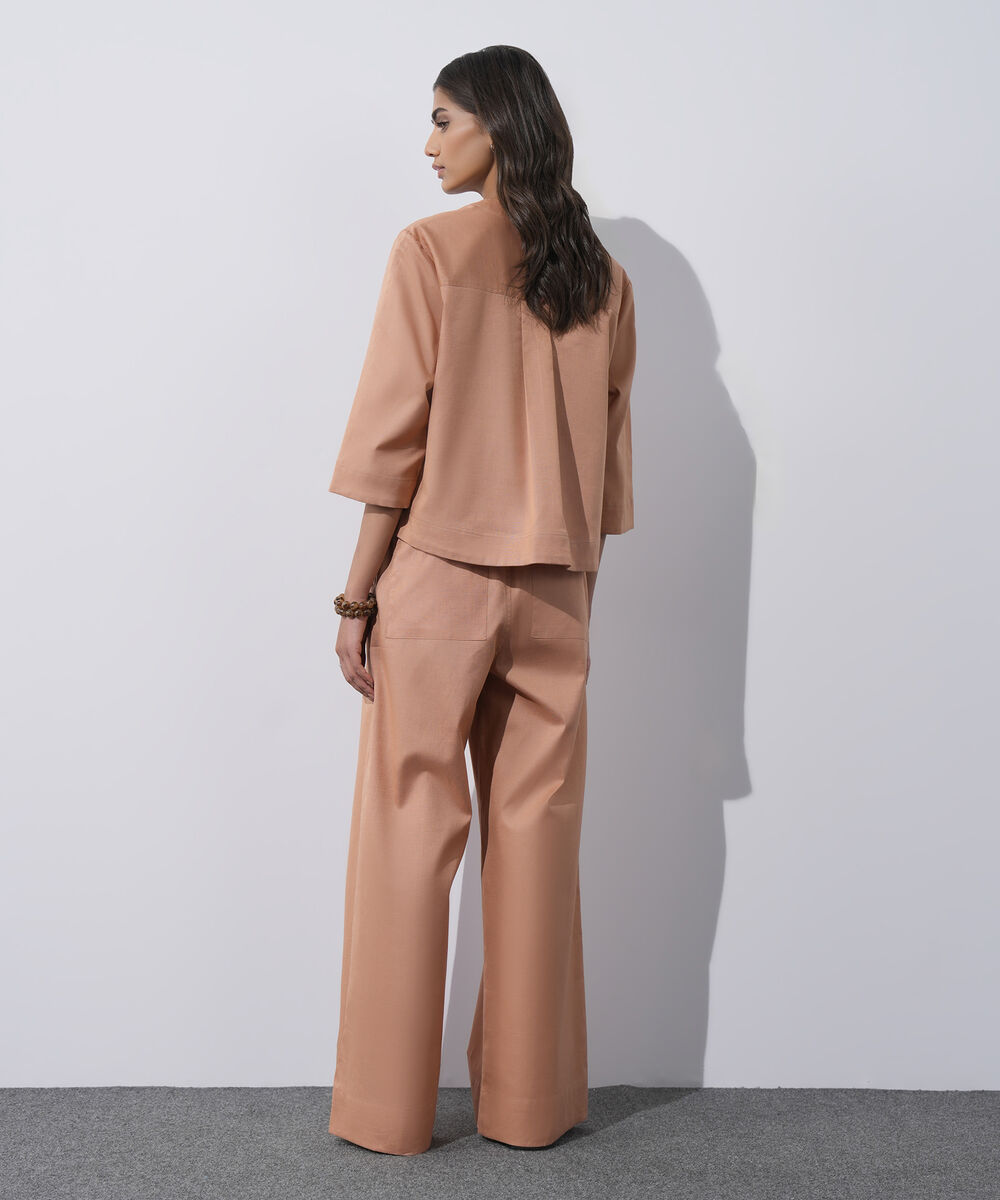 Women's Western Wear Peach V-Neck Linen Blend Shirt