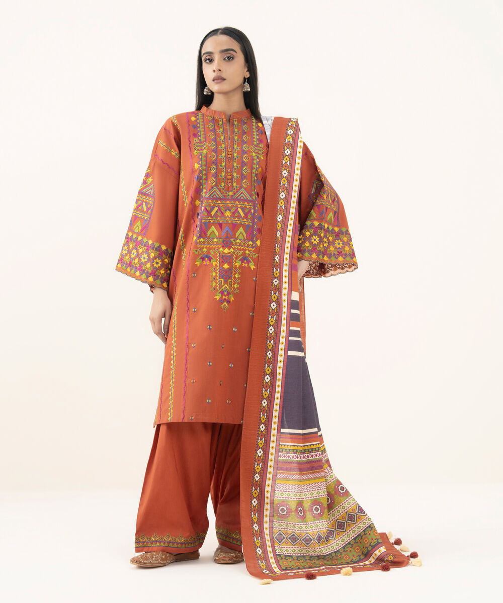 Women's Unstitched Embroidered Cross Hatch Rust 3 Piece Suit