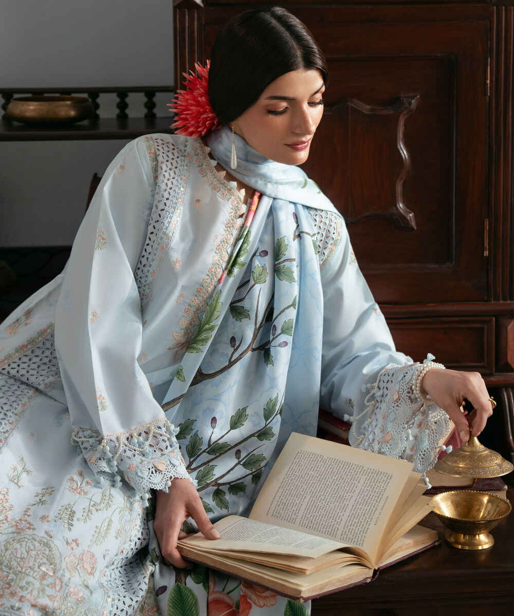 Women's Unstitched Lawn Embroidered Blue 3 Piece Suit