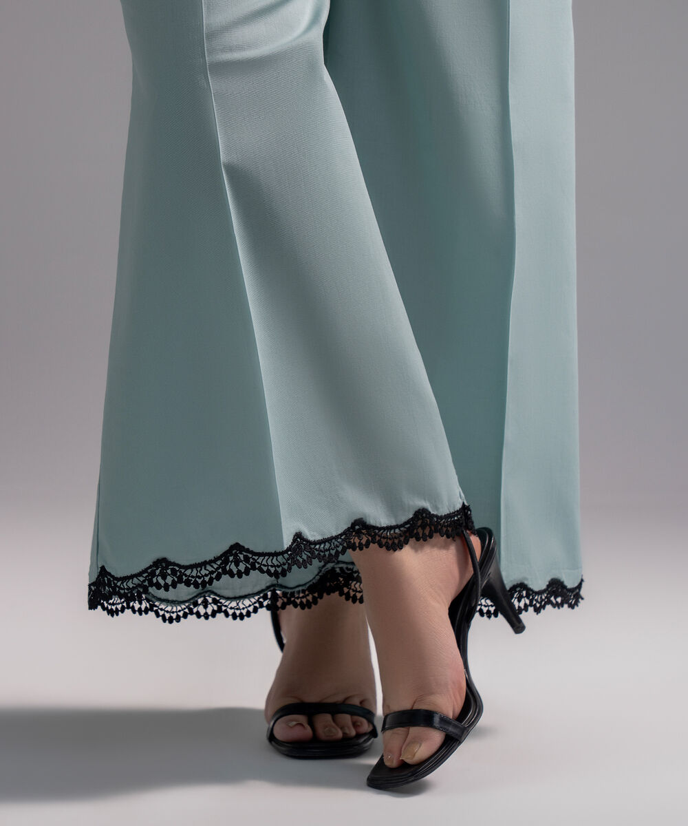 Women's RTW Cambric Solid Green Flared Pants