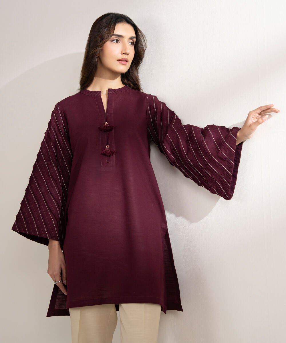 Women's RTW Khaddar Solid Straight Purple Shirt