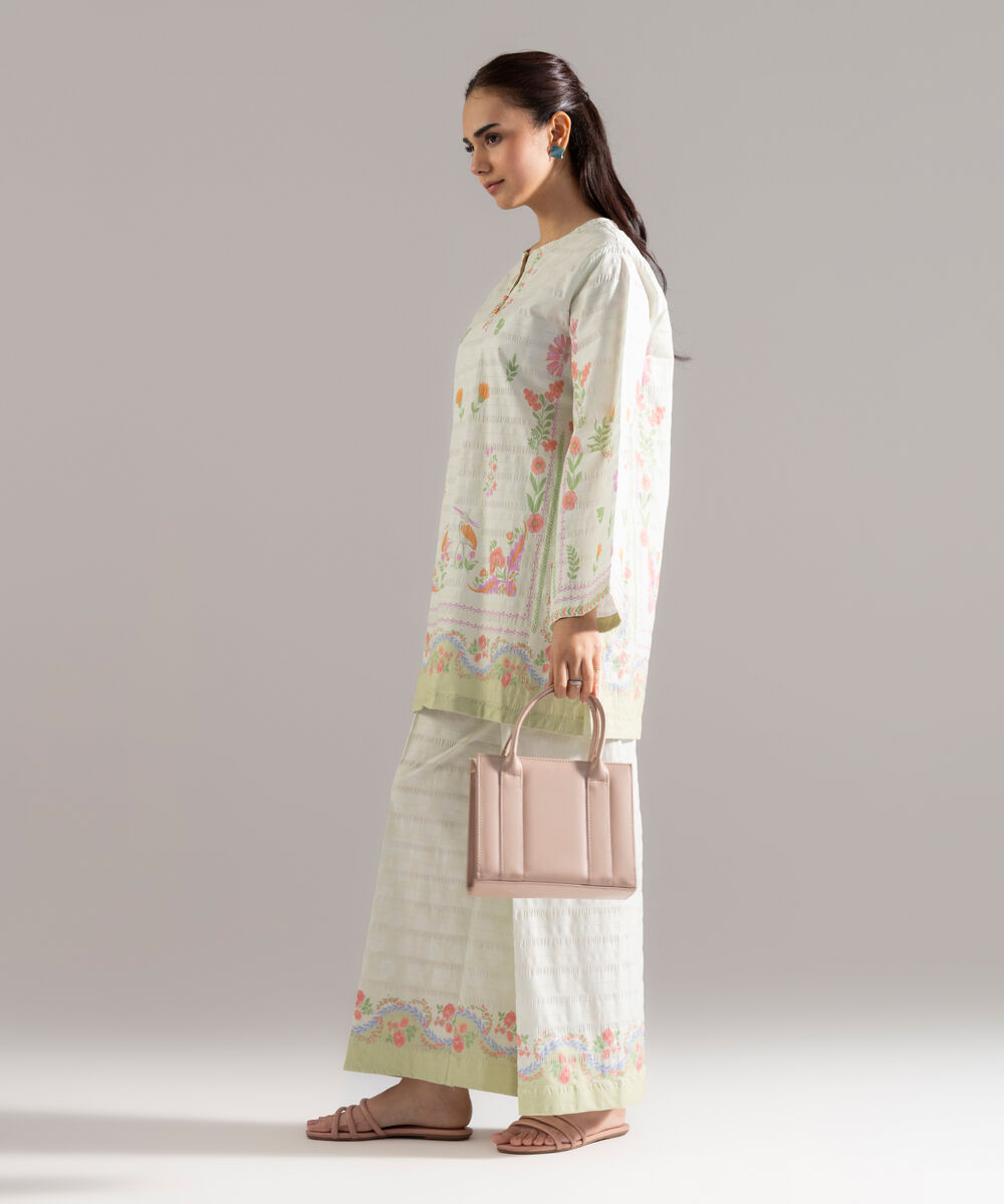 Women's RTW Seersucker Printed Off White Straight Shirt