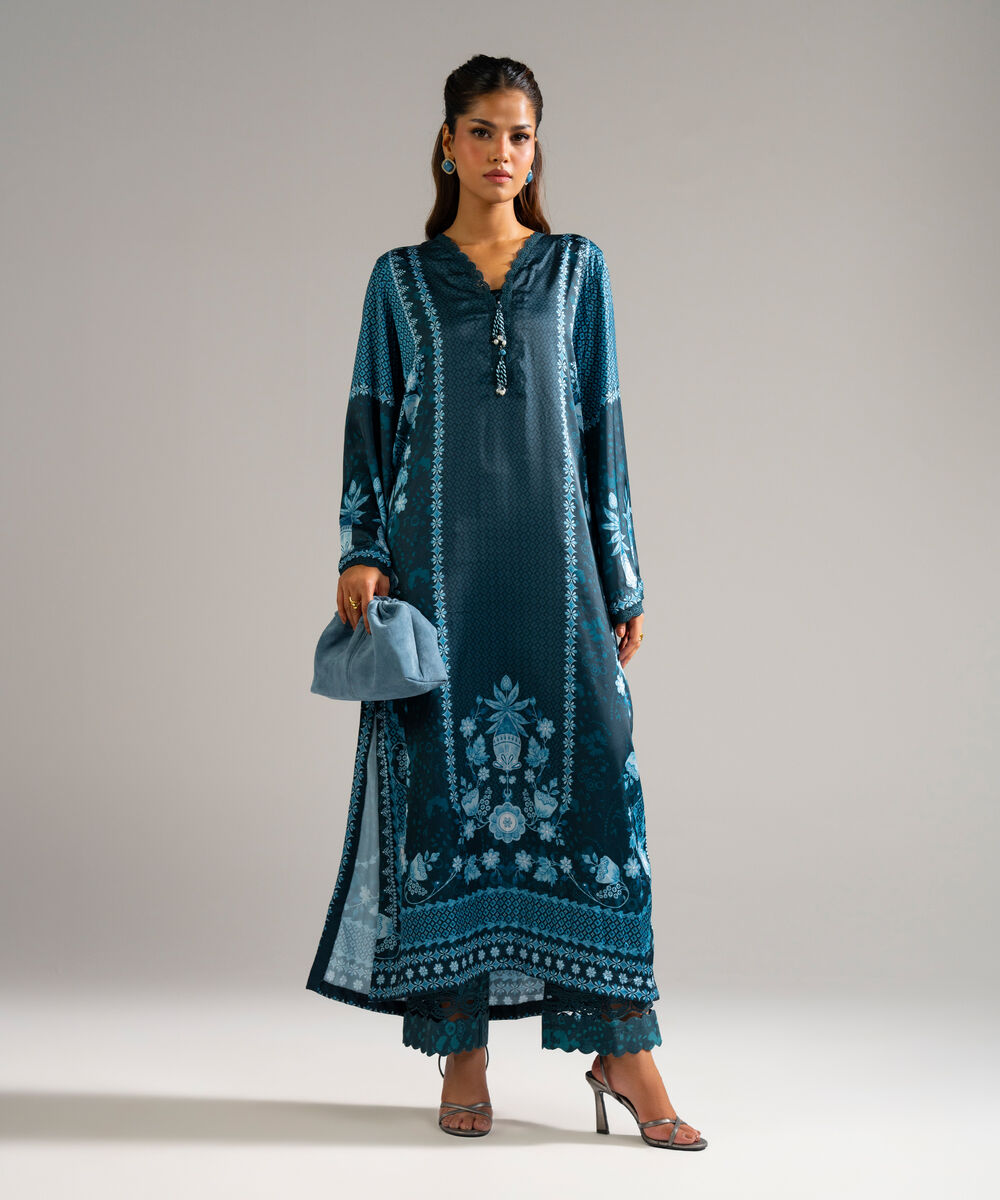Women's RTW Blended Satin Printed Green 2 Piece Suit