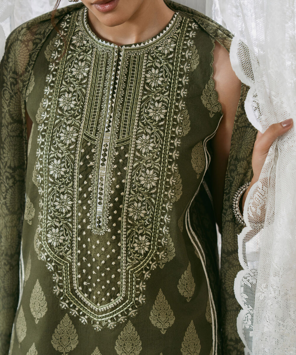 Women's Unstitched Cotton Embroidered Green
