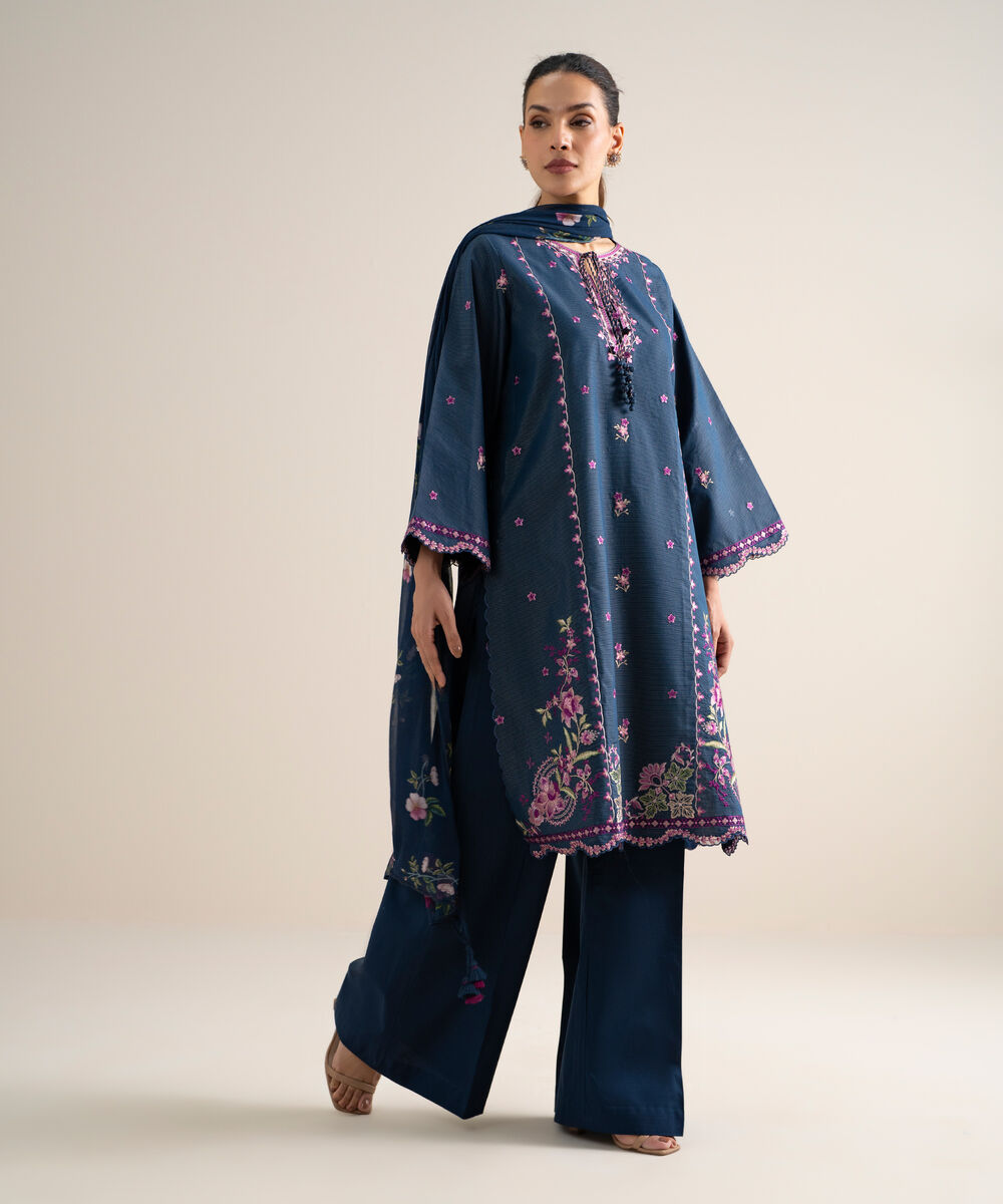 Women's Unstitched Zari Lawn Embroidered Blue 3 Piece Suit
