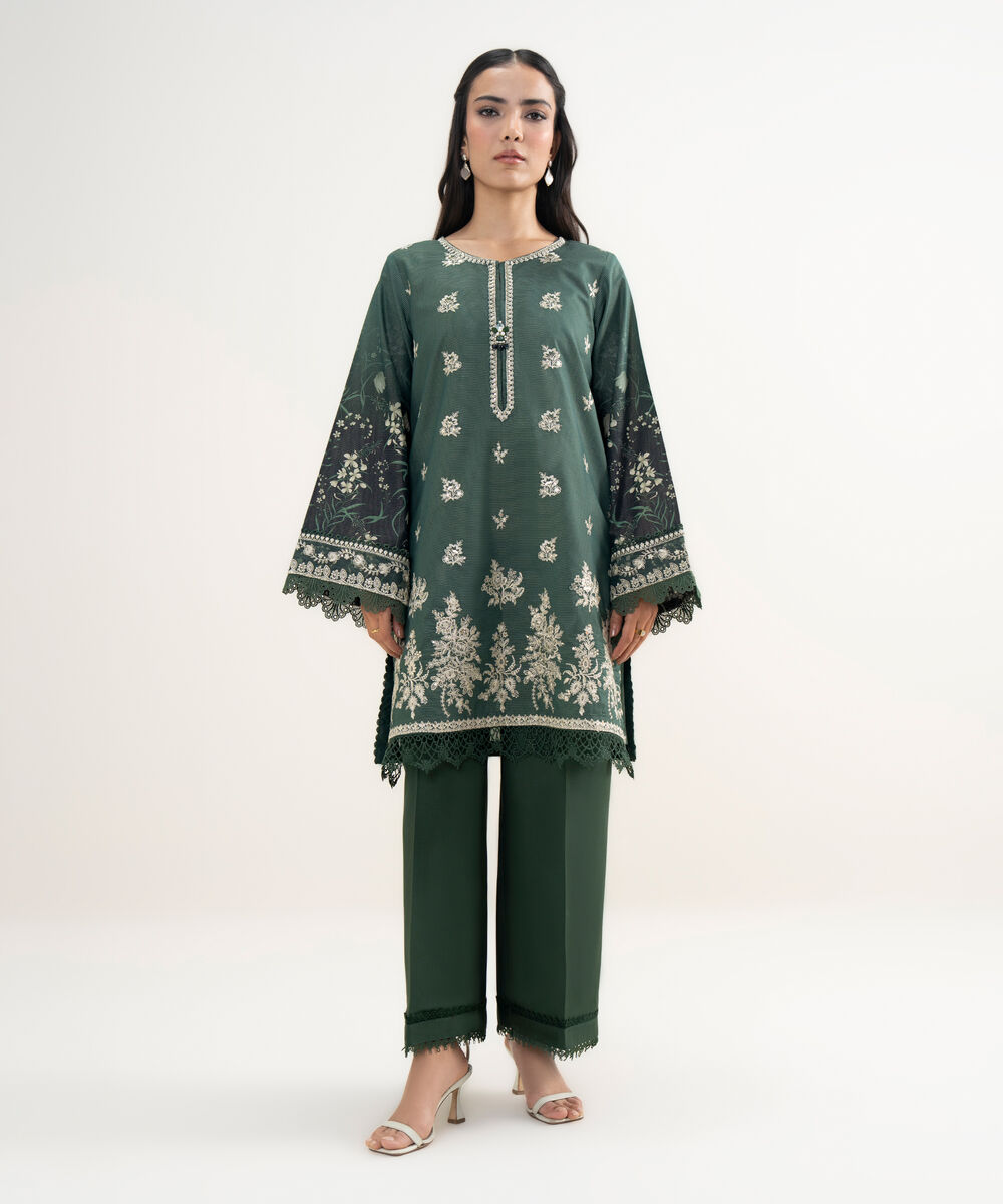 Women's RTW Zari Lawn Embroidered Dark Green 2 Piece Suit