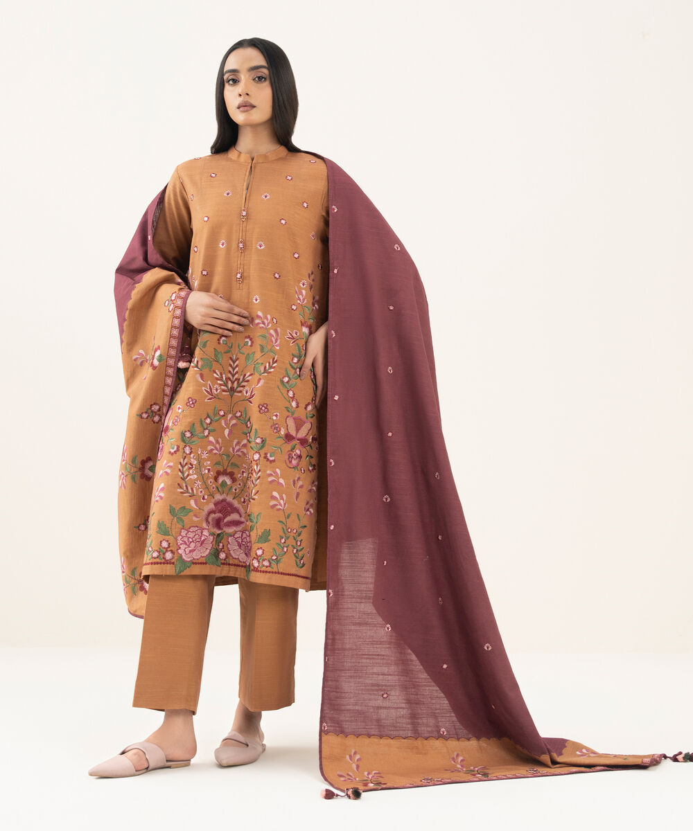 Women's Unstitched Embroidered Khaddar Orange 3 Piece Suit