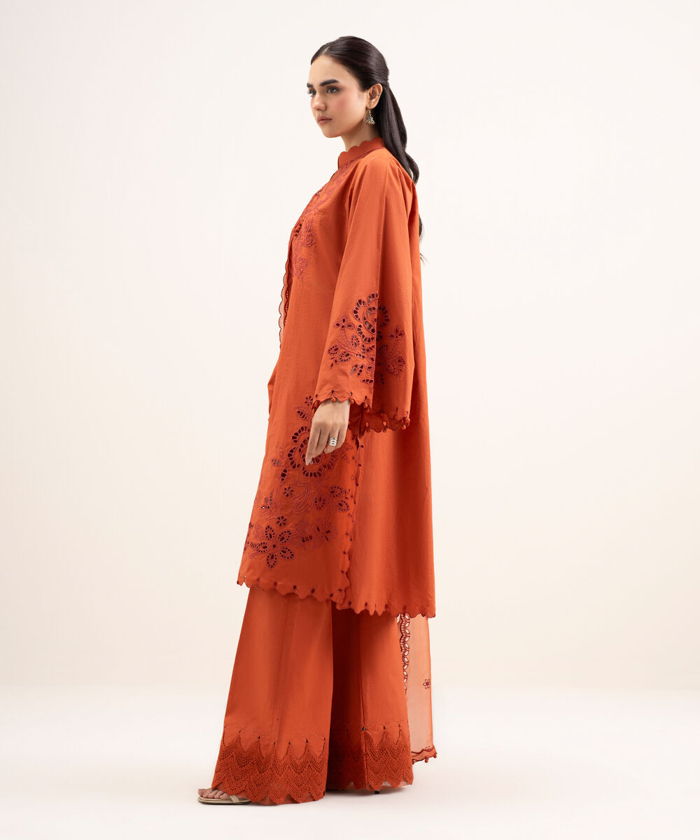 Women's Unstitched Textured Lawn Embroidered Orange 3 Piece Suit