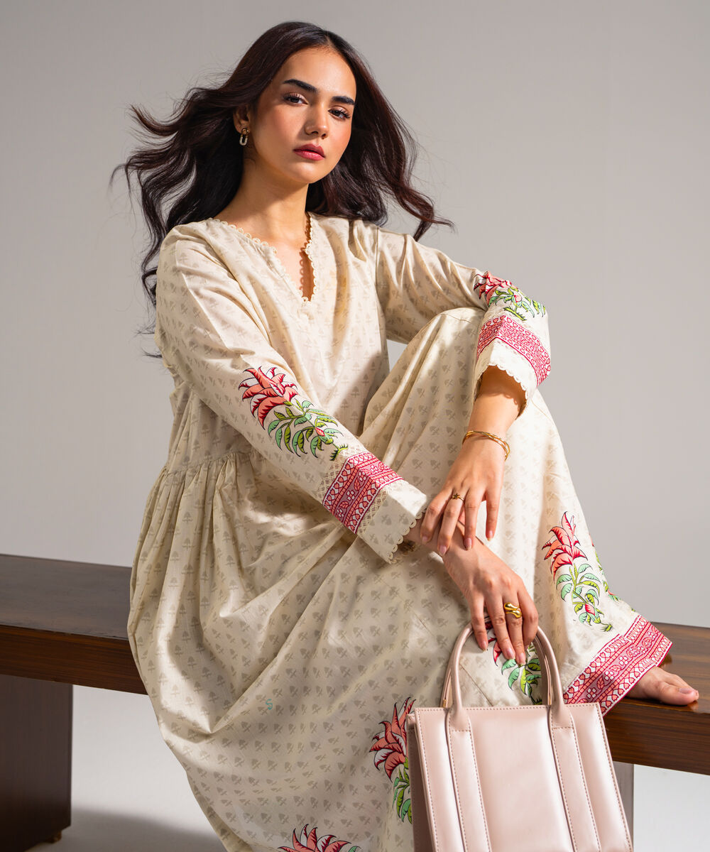 Women's RTW Slub Lawn Printed Beige Peshwas