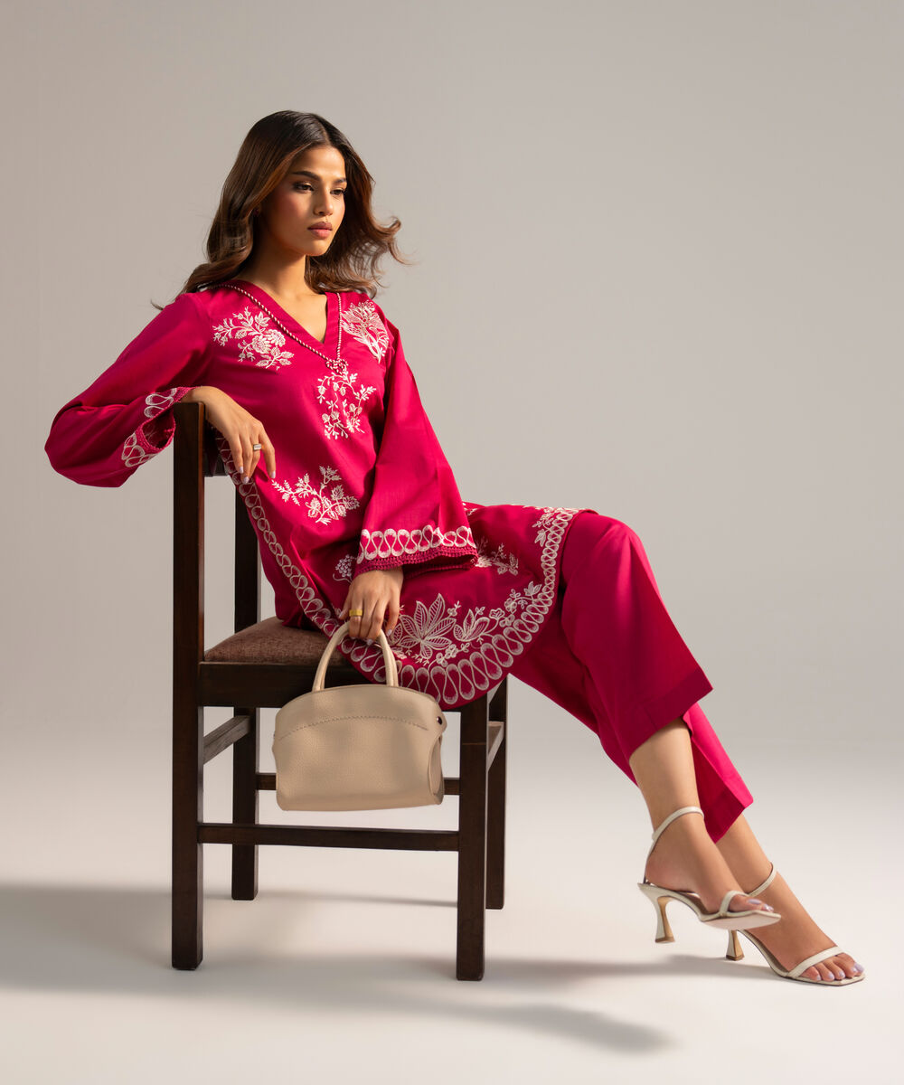 Women's RTW Crosshatch Embroidered Pink Straight Shirt