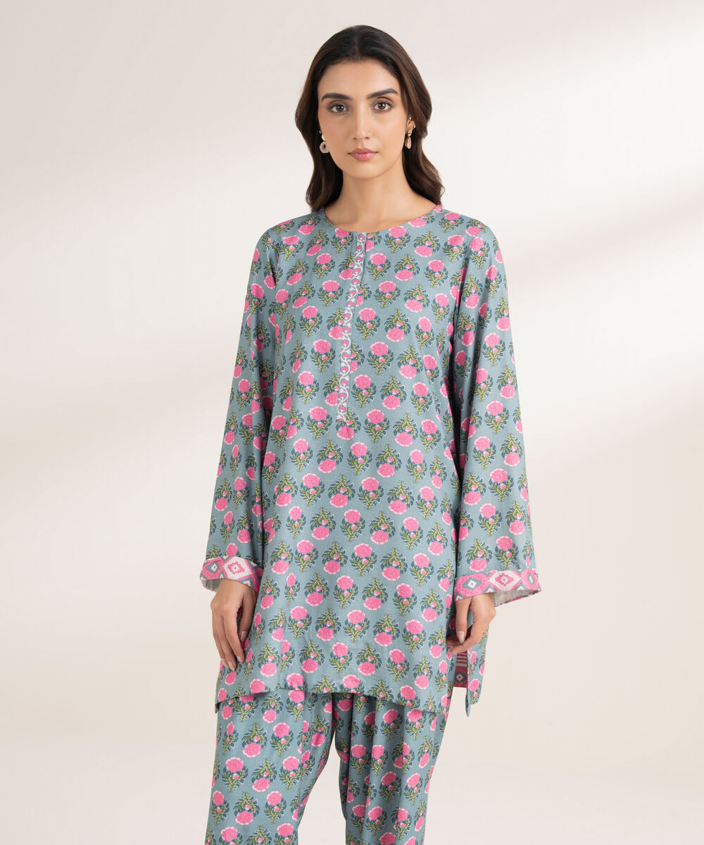 Women's RTW Arabic Dobby Printed Straight Grey Shirt