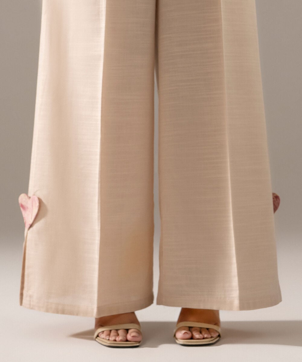 Women's RTW Khaddar Solid Beige Flared Pants