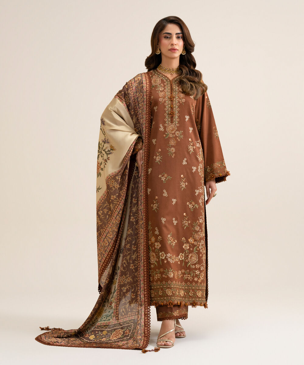 Women's Unstitched Fine Cotton Satin Embroidered Light Brown & Off White 3 Piece Suit