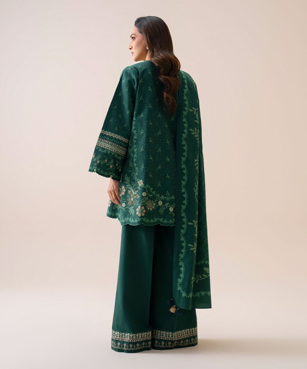 Women's Unstitched Light Khaddar Embroidered Green 3 Piece Suit