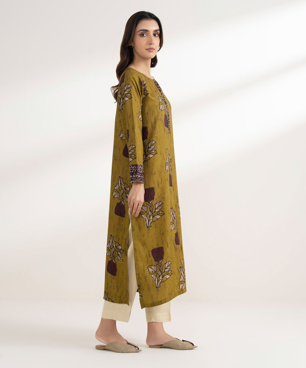 Women's RTW Viscose Linen Printed Straight Brown Shirt