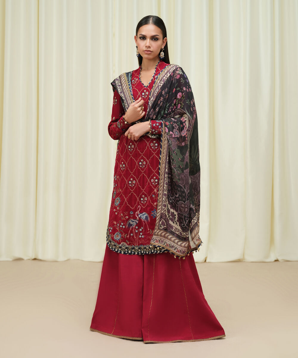 Women's Unstitched Velvet Embroidered Red 3 Piece Suit