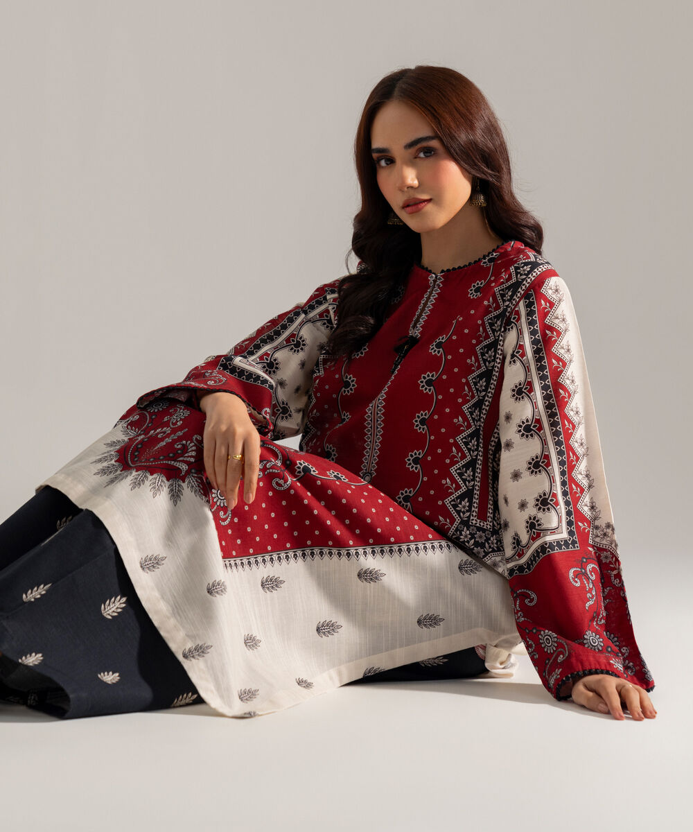Women's RTW Printed Maroon Khaddar A-Line Shirt