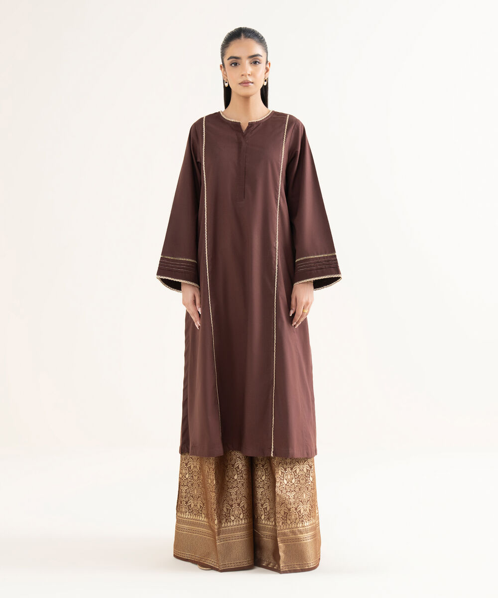 Women's RTW Cambric Solid A-Line Brown Shirt