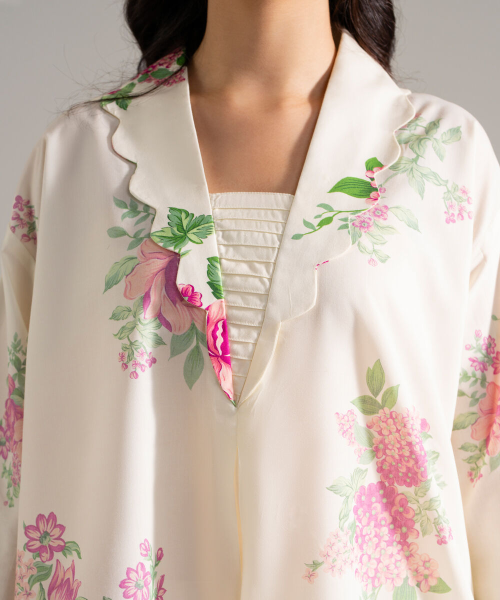 Women's RTW Cotton Viscose Printed Off White 2 Piece Suit