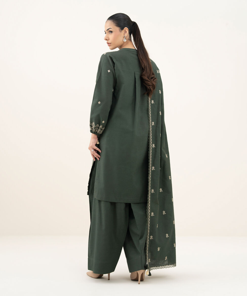 Women's Unstitched Embroidered Cotton Green 3 Piece Suit