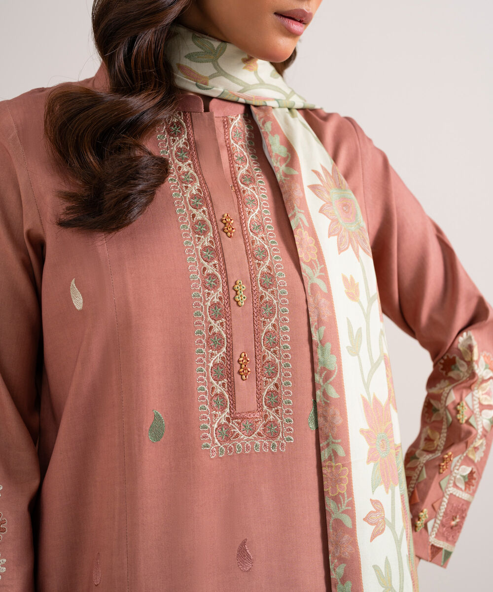 Women's Unstitched Embroidered Linen Tea Pink 3 Piece Suit