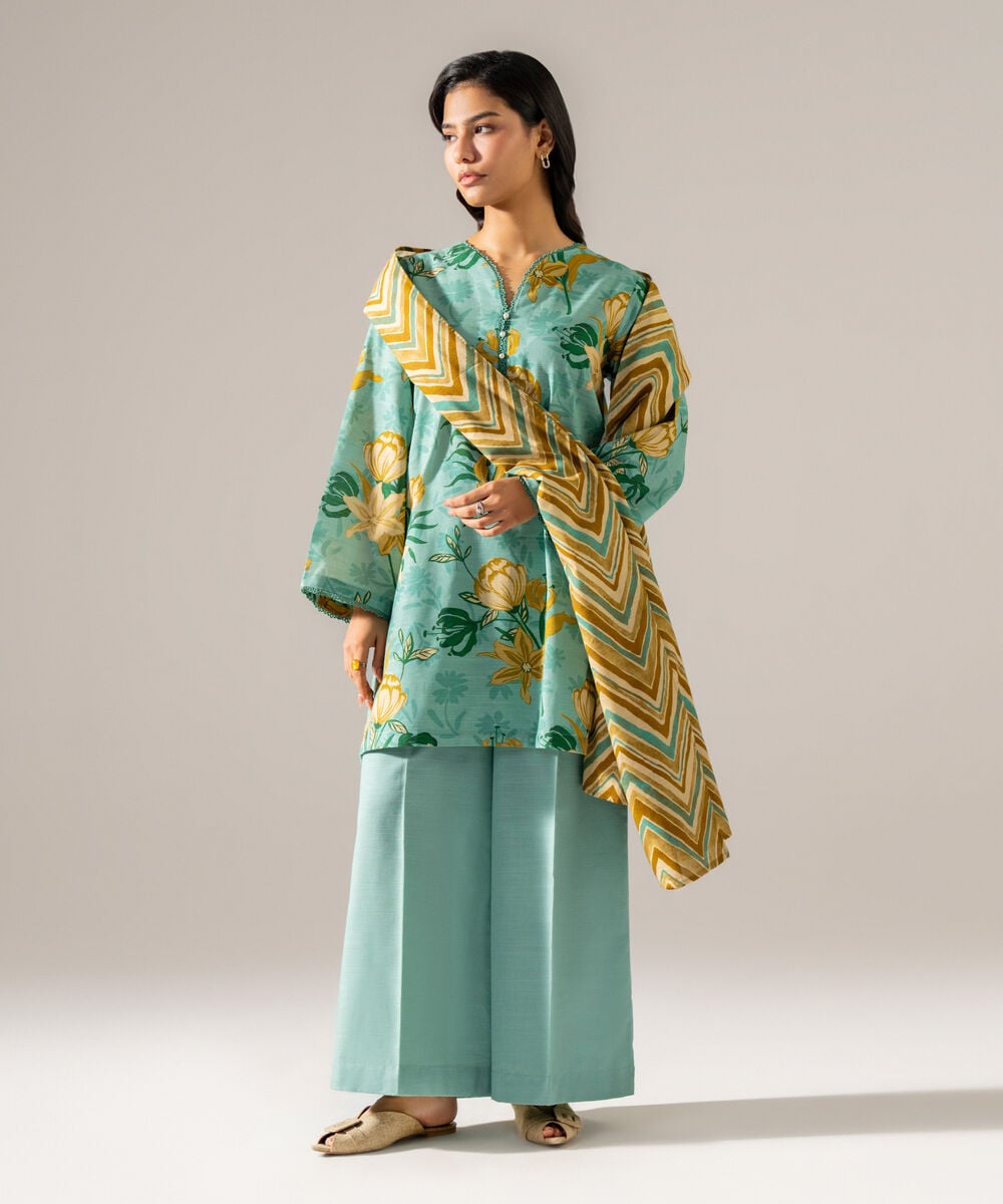 Women's RTW Khaddar Printed Seafoam Green 3 Piece Suit