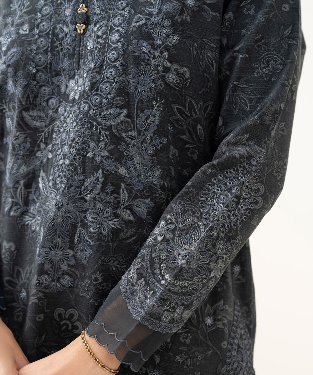 Women's Unstitched Cotton Embroidered Grey 3 Piece Suit