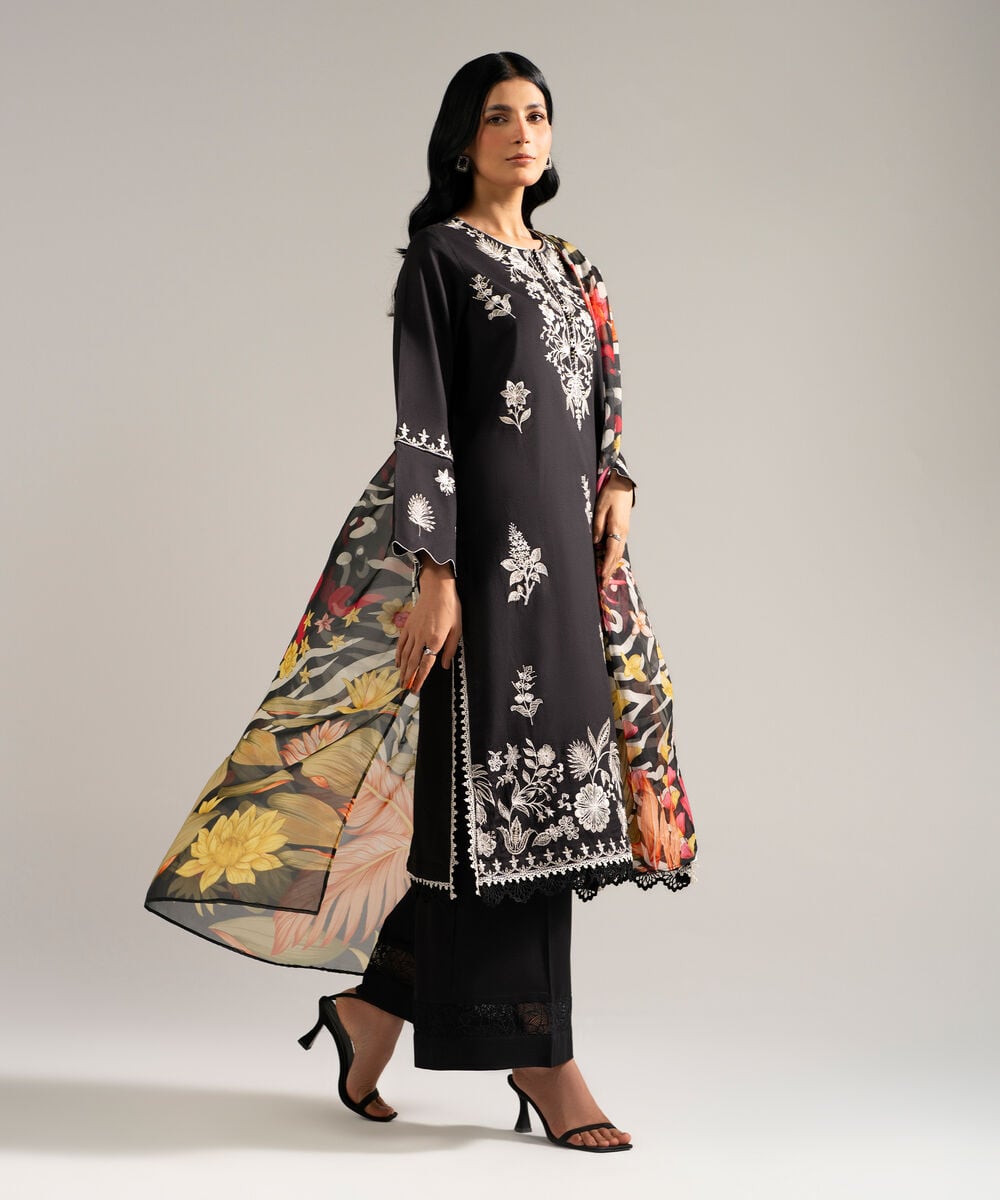 Women's RTW Dobby Crepe Embroidered Black 3 Piece Suit