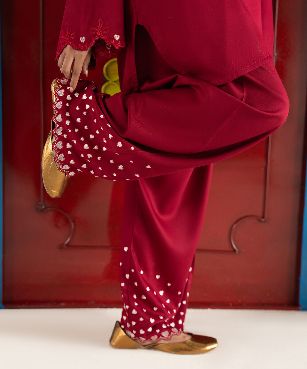 Women's RTW Bedford Solid Red Farshi Shalwar