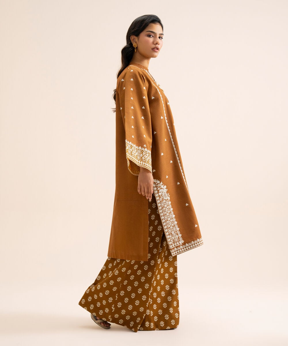 Women's Unstitched Light Khaddar Embroidered Brown 3 Piece Suit