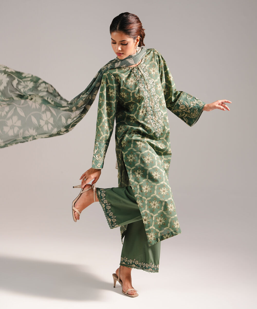 Women's RTW Dobby Embroidered Green 3 Piece Suit