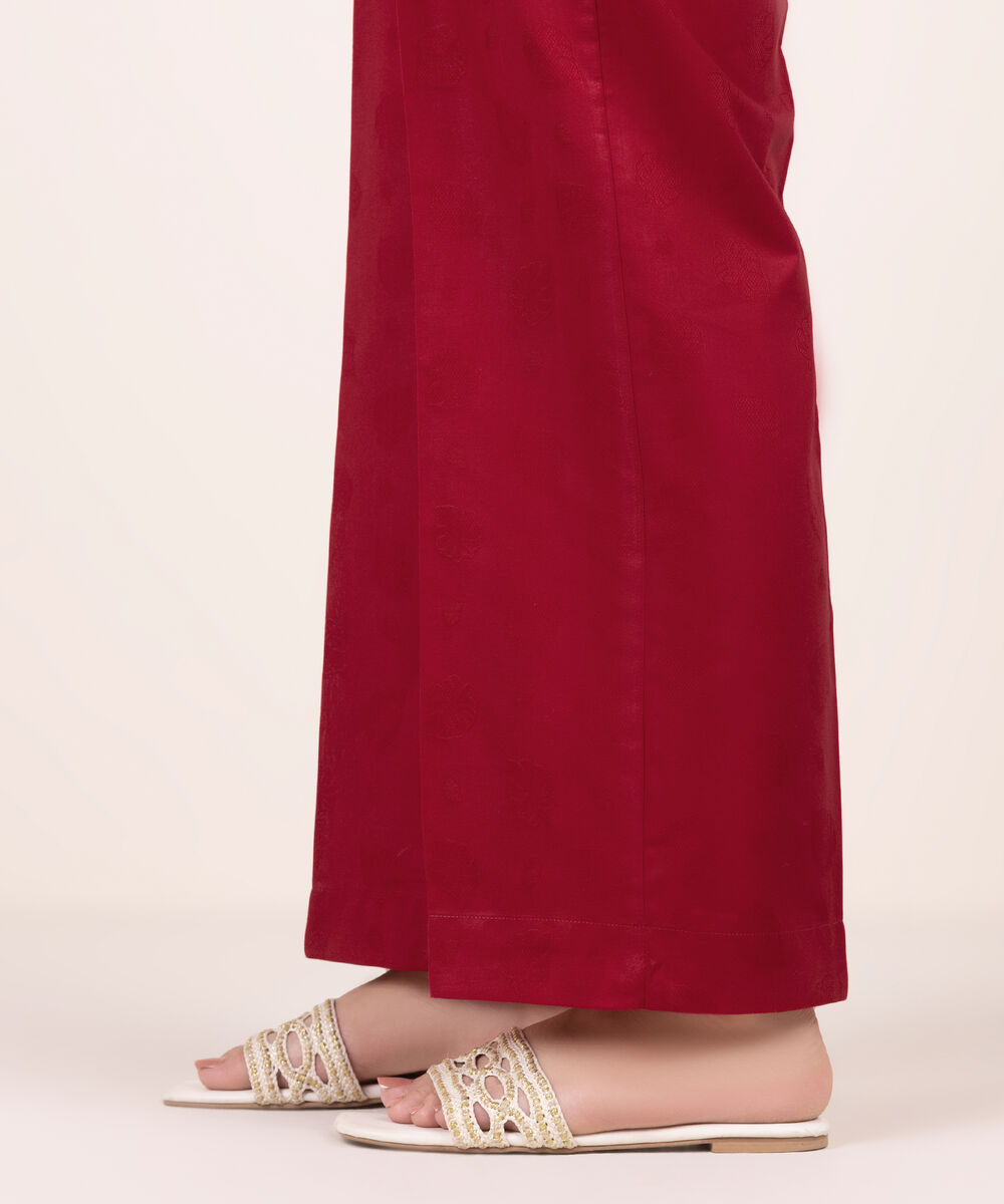 Women's RTW Self Jacquard Solid Red Straight Pants