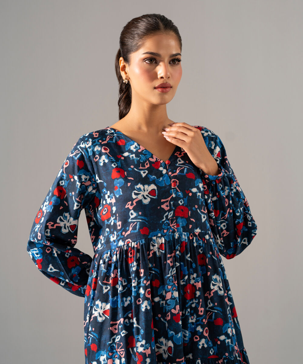 Women's RTW Cotton Viscose Printed Blue Dress