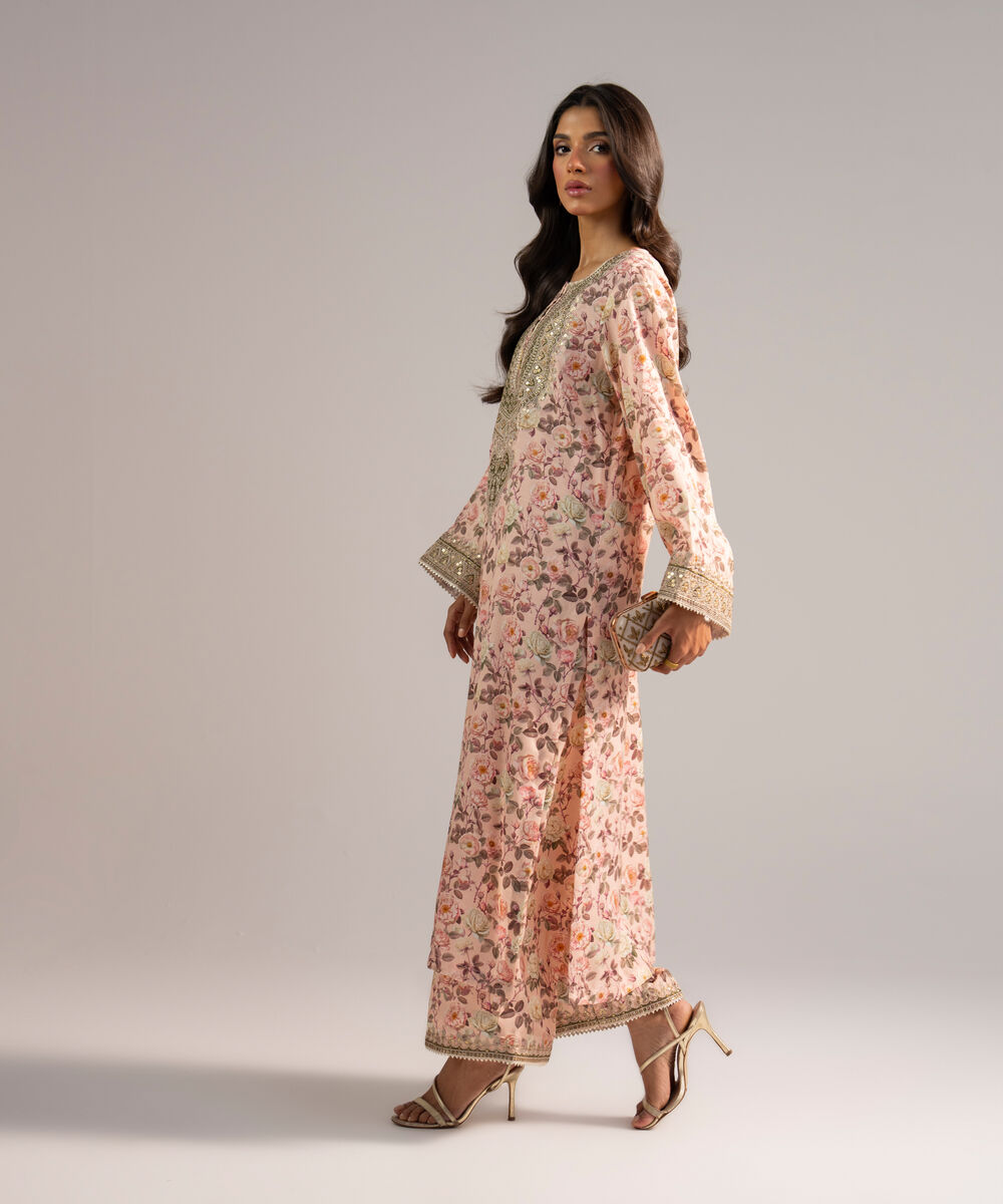Women's RTW Viscose Raw Silk Embroidered Pink 2 Piece Suit