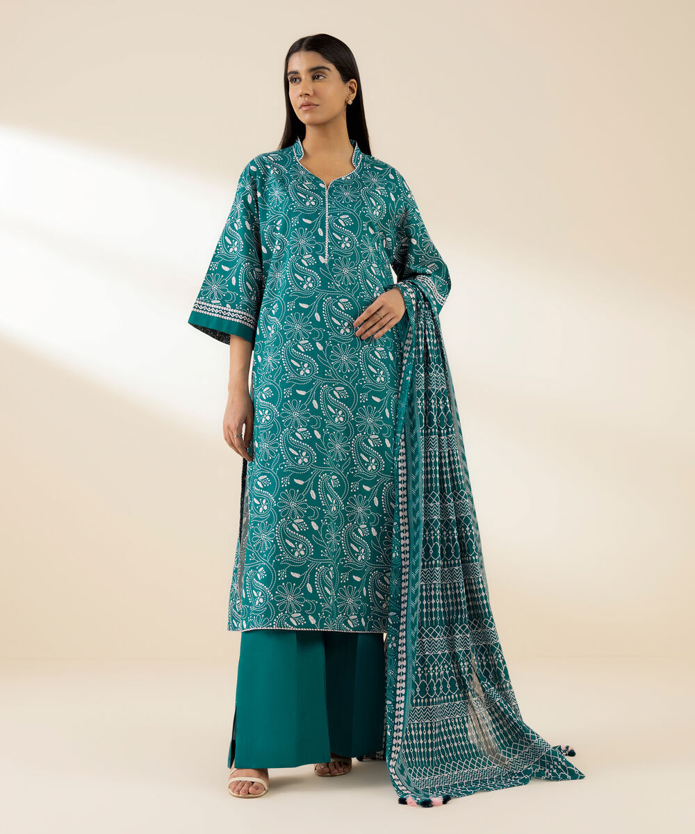 Women's Unstitched Lawn Printed Green 3 Piece Suit