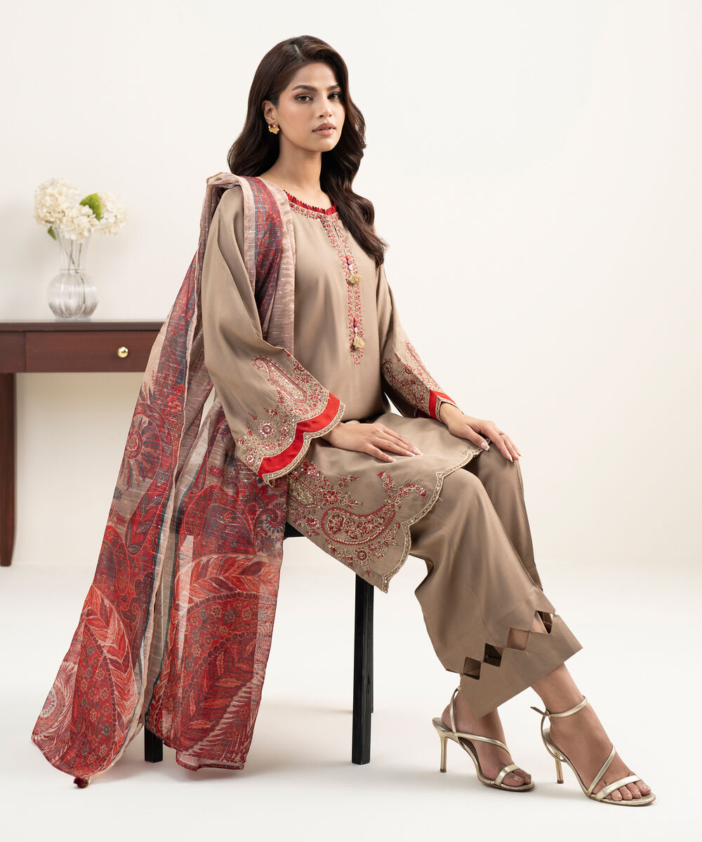 Women's RTW Viscose Raw Silk Embroidered Brown 3 Piece Suit