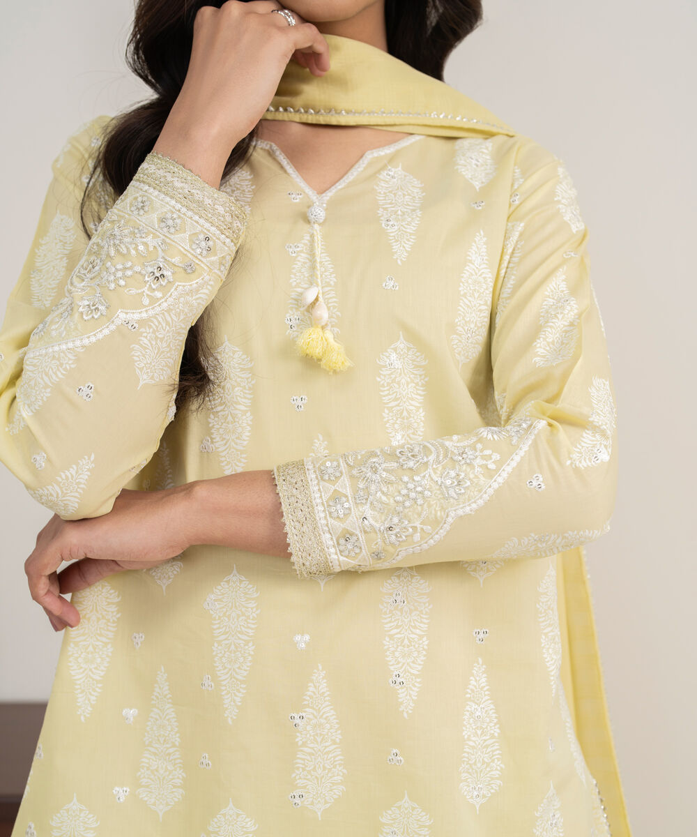Women's RTW Lawn Embroidered Pale Yellow 3 Piece Suit